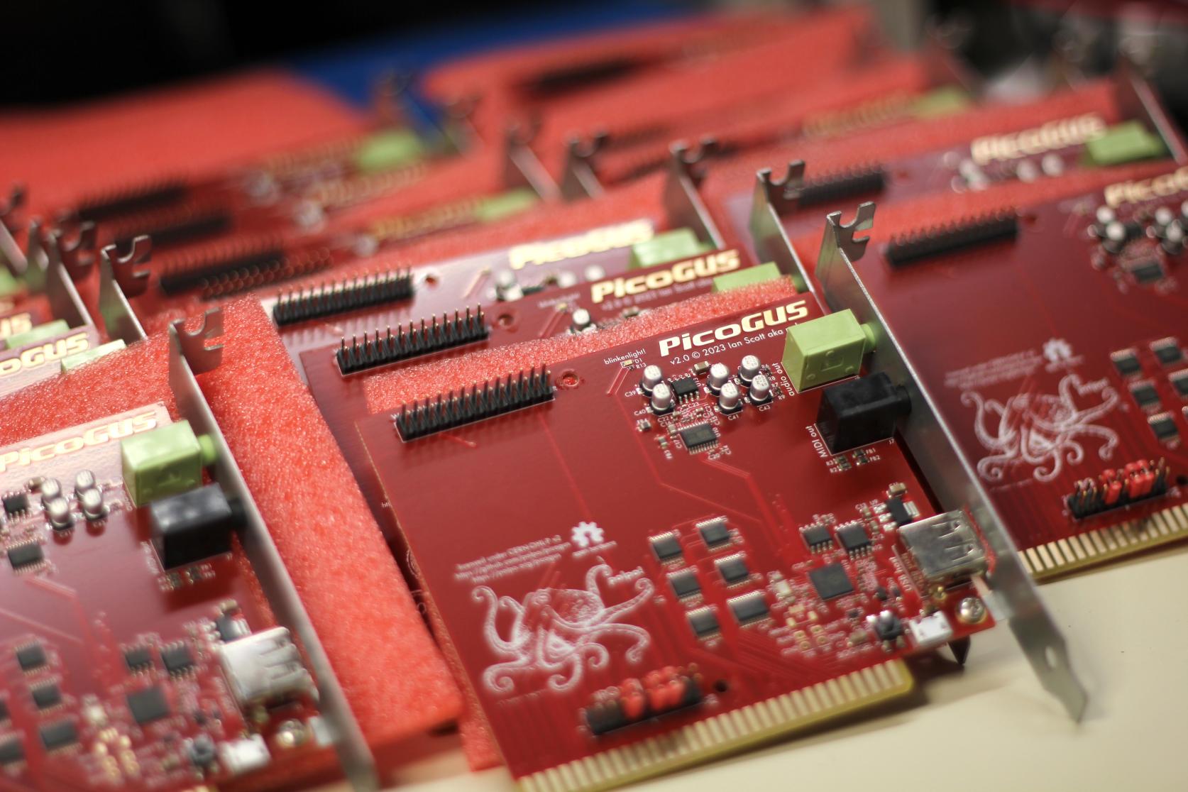 PicoGUS 2.0 boards stacked in rows.